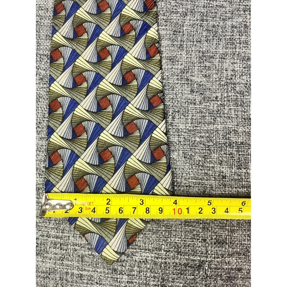 Jhane Barnes Mens Silk Tie Geometric Spiral Blue Tan Green Rust Made in Japan
